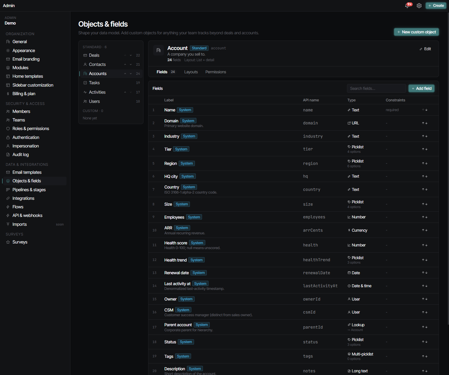Strkr Admin Objects & fields page showing Account with 24 system fields and per-field types