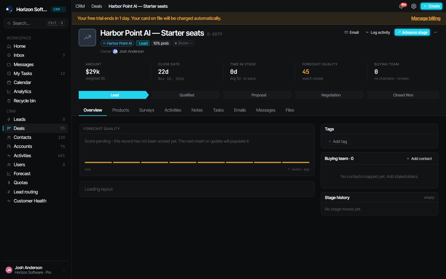 Strkr deal list view with spreadsheet-grade speed, inline editing, and the forecast rollup live beside