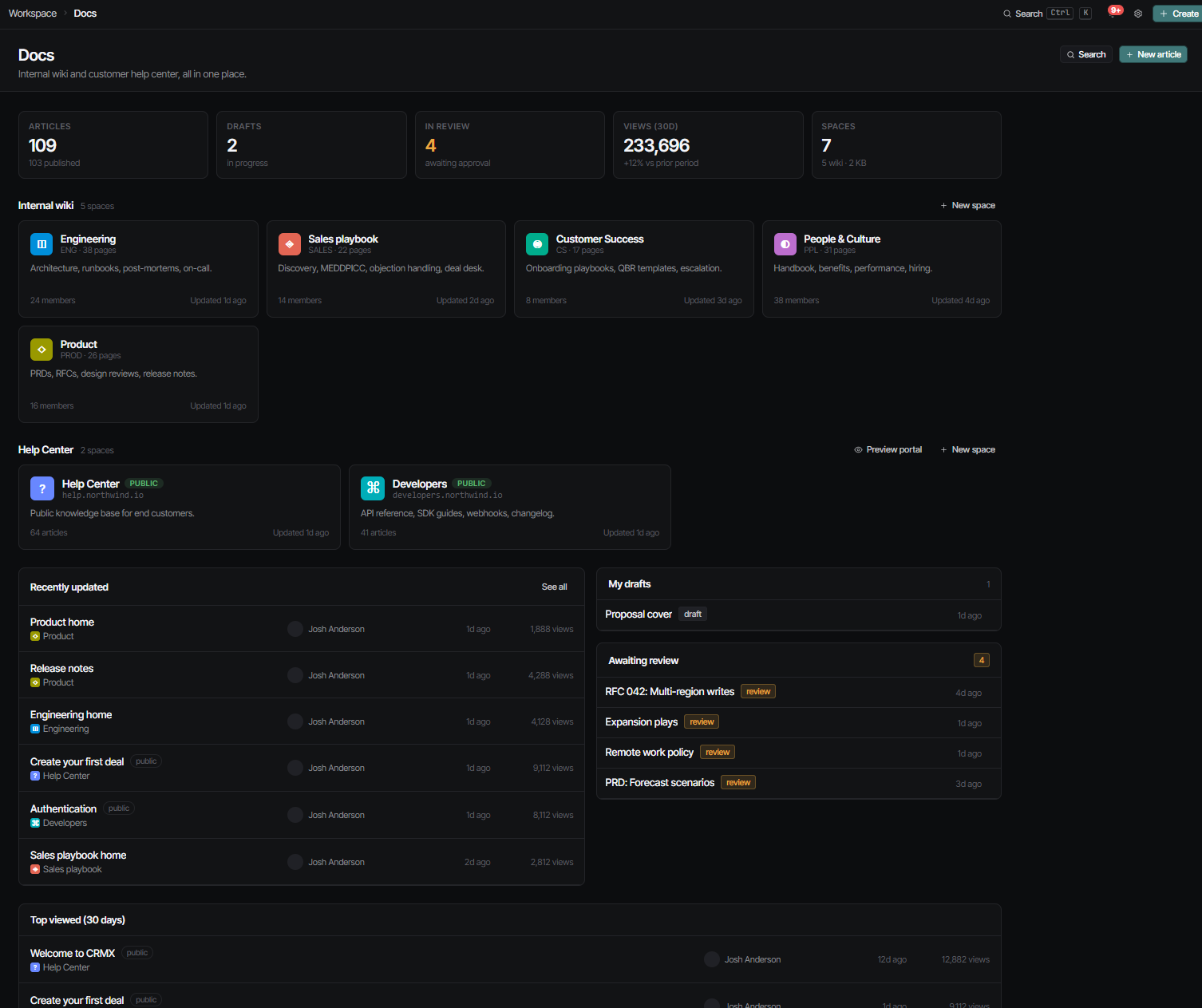 Strkr Docs landing page with spaces grid, recently updated articles, and help-center sections