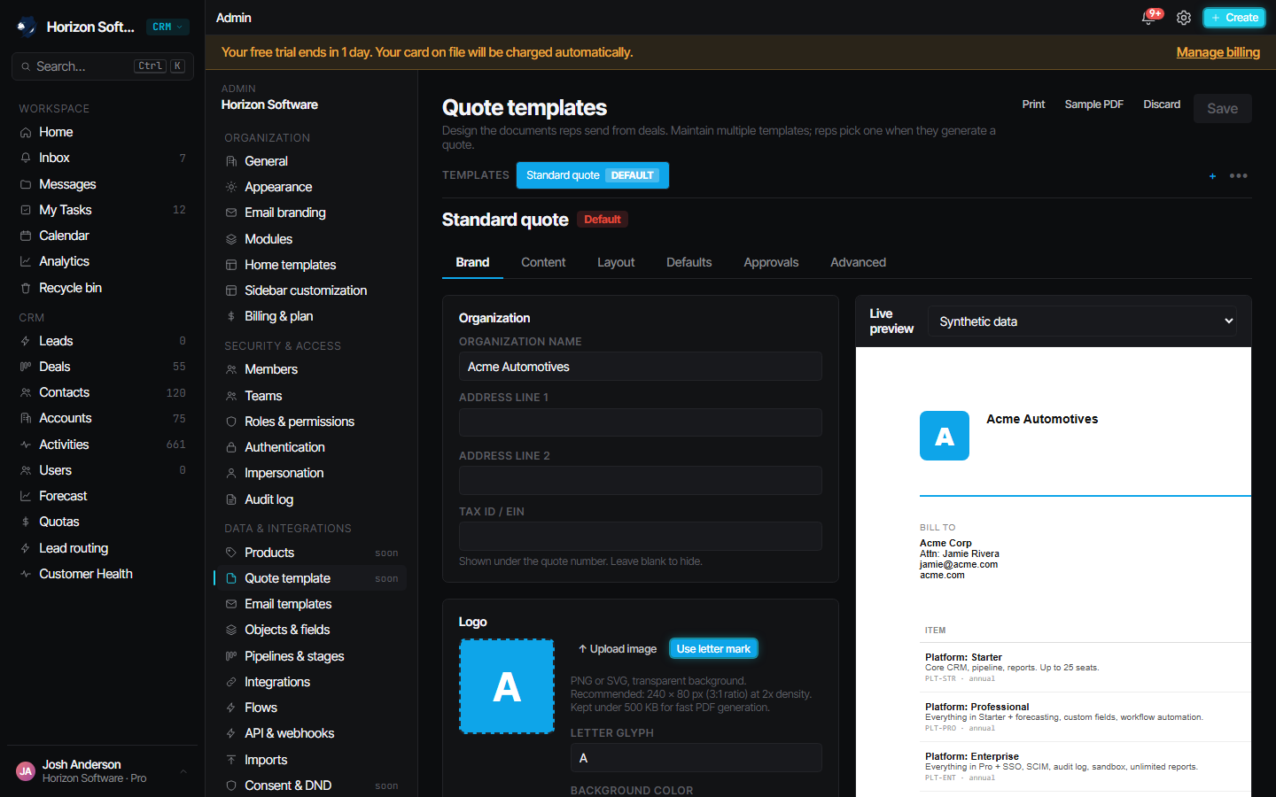 Strkr quote builder with line items from the pricebook, applied discount, approval status, and the preview PDF beside it